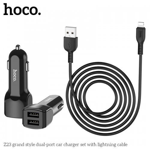 Адаптер автомобільний Hoco Lightning cable Z23 |2USB, 2.4A| white