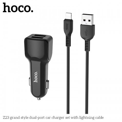 Адаптер автомобільний Hoco Lightning cable Z23 |2USB, 2.4A| white