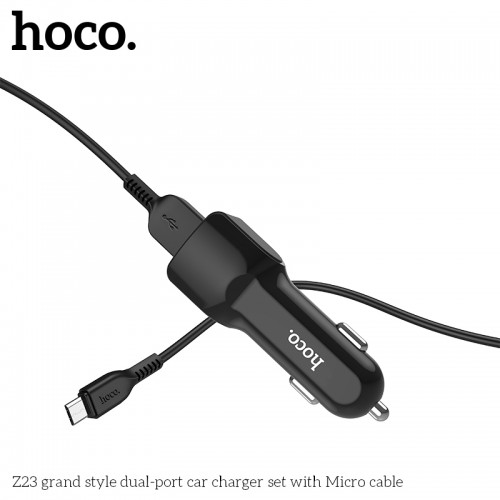 Адаптер автомобільний Hoco Micro cable Z23 |2USB, 2.4A| white