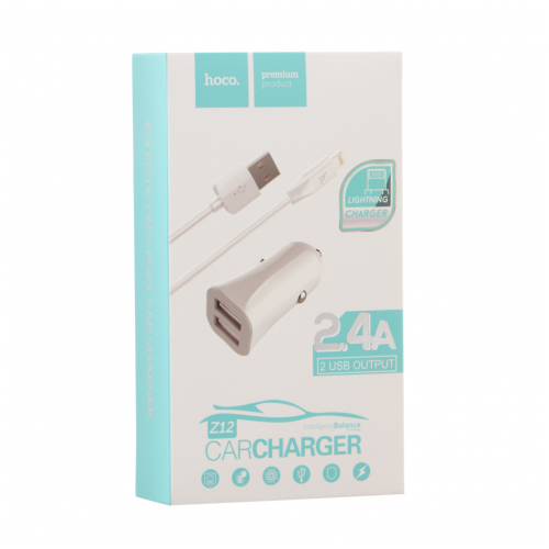 Адаптер автомобільний Hoco Lightning cable Z12 |2USB, 2.4A| white