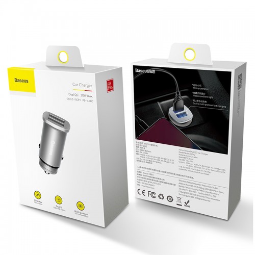 Адаптер автомобильный BASEUS Square metal |QC3.0, 2USB, 30W, 5A|