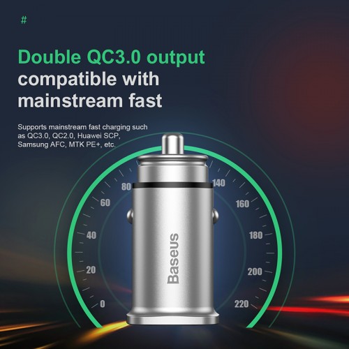 Адаптер автомобильный BASEUS Square metal |QC3.0, 2USB, 30W, 5A|