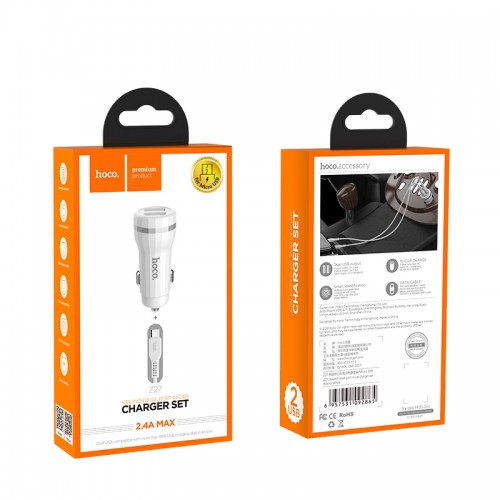Адаптер автомобільний Hoco Micro cable Z27 |2USB, 2.4A| white