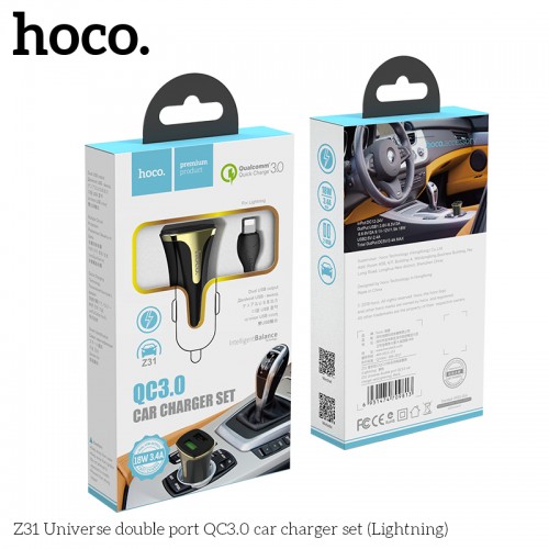 Адаптер автомобільний Hoco Lightning Cable Universe Z31 |2USB, QC3.0, 3.4A, 18W| white