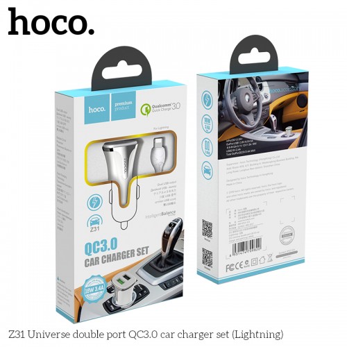 Адаптер автомобільний Hoco Lightning Cable Universe Z31 |2USB, QC3.0, 3.4A, 18W| white