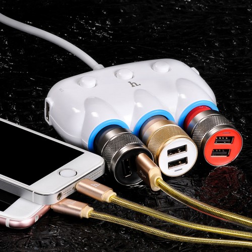 Адаптер автомобільний HOCO dual USB triple cigarette lighter |3 Sockets/2USB, 3.1-12A, 15.5W| white