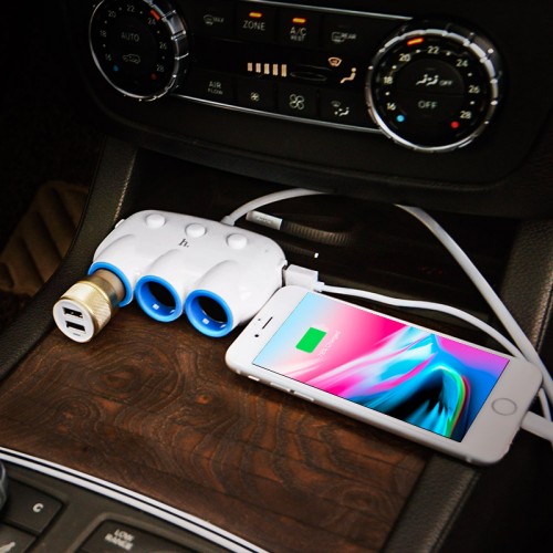 Адаптер автомобільний HOCO dual USB triple cigarette lighter |3 Sockets/2USB, 3.1-12A, 15.5W| white