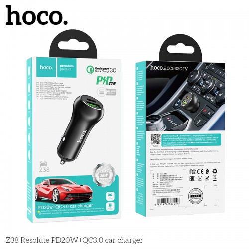 Адаптер автомобильный HOCO Resolute car charger Z38 |1USB/1Type-C, QC/PD, 3A, 38W|