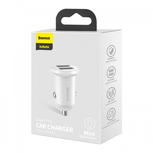 Адаптер автомобільний BASEUS Grain Pro Car Charger |2USB, 4.8A| (CCALLP-02) white