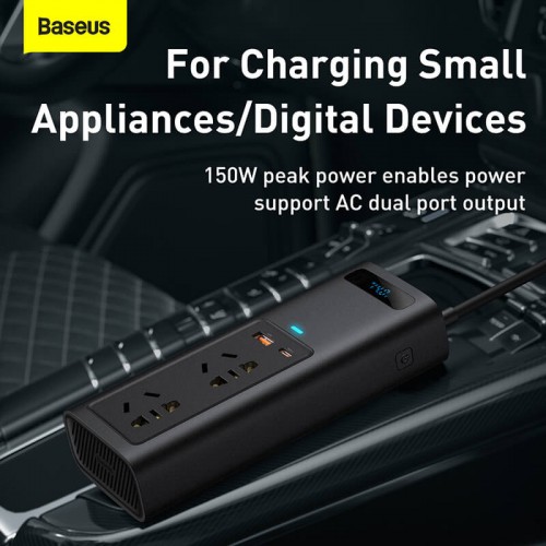 Автомобільний перетворювач напруги BASEUS In-car Inverter 150W (220V EU / CN) |2Sockets EU/CN 220V, 1USB/1Type-C, 0.4m| (CRNBQ-A01) black