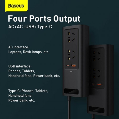 Автомобільний перетворювач напруги BASEUS In-car Inverter 150W (220V EU / CN) |2Sockets EU/CN 220V, 1USB/1Type-C, 0.4m| (CRNBQ-A01) black