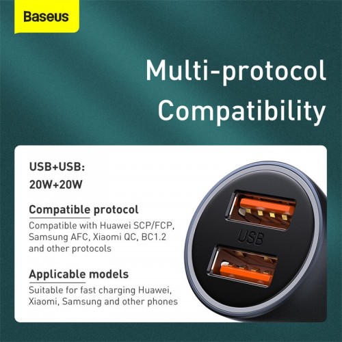 Адаптер автомобільний BASEUS Type-C cable Golden Contactor Pro Dual Quick Charger Car Charger |2USB, 5A/40W, QC| (TZCCJD-A0G) grey