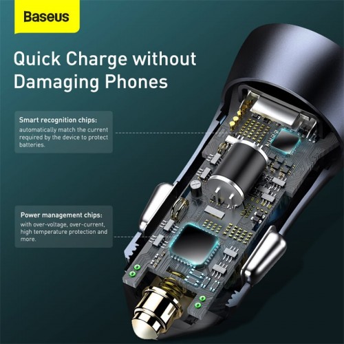 Адаптер автомобільний BASEUS Type-C cable Golden Contactor Pro Dual Quick Charger Car Charger |2USB, 5A/40W, QC| (TZCCJD-A0G) grey