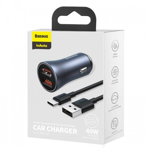 Адаптер автомобільний BASEUS Type-C cable Golden Contactor Pro Dual Quick Charger Car Charger |2USB, 5A/40W, QC| (TZCCJD-A0G) grey
