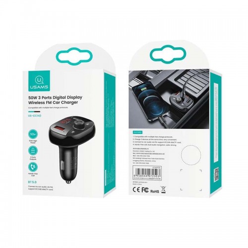 Адаптер автомобільний USAMS with Bluetooth FM Digital Display US-CC143 C25 |2USB/1Type-C, 3A/50W, QC/PD, TF| black