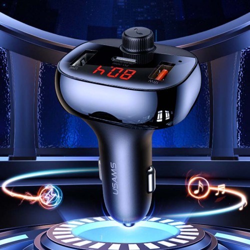 Адаптер автомобільний USAMS with Bluetooth FM Digital Display US-CC143 C25 |2USB/1Type-C, 3A/50W, QC/PD, TF| black