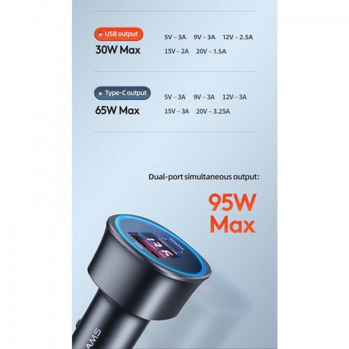 Адаптер автомобільний USAMS Dual Ports Digital Display Fast Car Charger US-CC146 C26 |1USB/1Type-C, 3A/95W, QC/PD| black