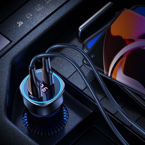 Адаптер автомобільний USAMS Dual Ports Digital Display Fast Car Charger US-CC146 C26 |1USB/1Type-C, 3A/95W, QC/PD| black