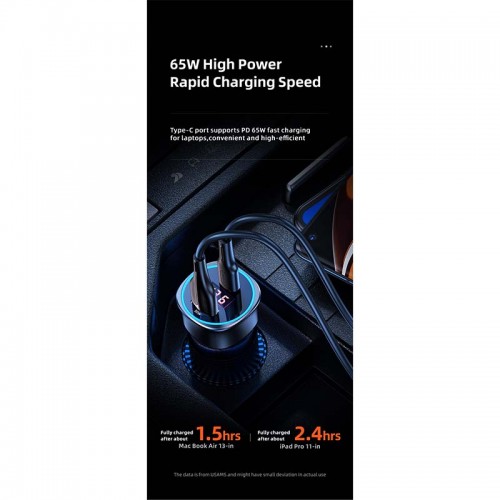 Адаптер автомобільний USAMS Dual Ports Digital Display Fast Car Charger US-CC146 C26 |1USB/1Type-C, 3A/95W, QC/PD| black