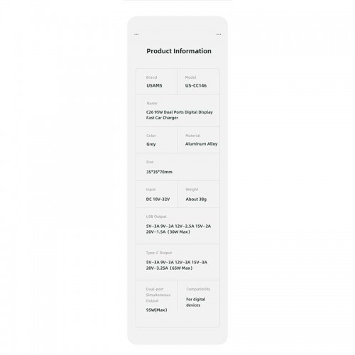 Адаптер автомобільний USAMS Dual Ports Digital Display Fast Car Charger US-CC146 C26 |1USB/1Type-C, 3A/95W, QC/PD| black