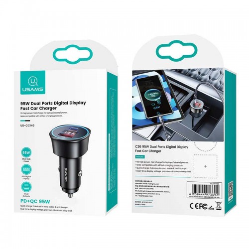 Адаптер автомобільний USAMS Dual Ports Digital Display Fast Car Charger US-CC146 C26 |1USB/1Type-C, 3A/95W, QC/PD| black