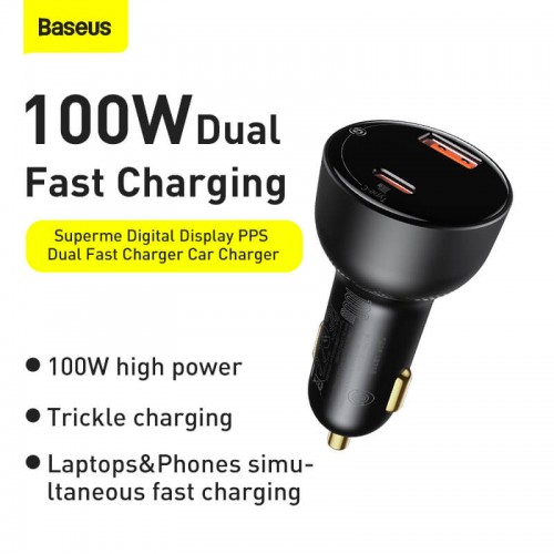 Адаптер автомобильный BASEUS Superme Digital Display PPS Dual Quick Charger Car Charger |1USB/1Type-C, 5A, 65+30w, QC/PD| (CCZX-01)