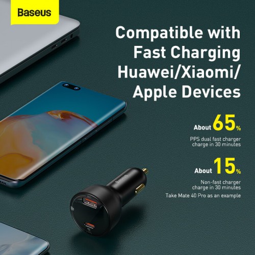 Адаптер автомобильный BASEUS Superme Digital Display PPS Dual Quick Charger Car Charger |1USB/1Type-C, 5A, 65+30w, QC/PD| (CCZX-01)
