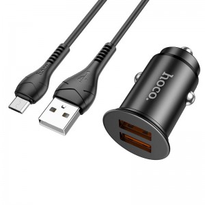 Адаптер автомобільний Hoco Micro USB Cable Developer dual port Car charger set NZ1 |2USB, 3A, 36W, QC| black