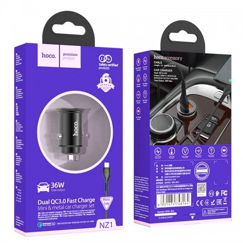 Адаптер автомобільний Hoco Micro USB Cable Developer dual port Car charger set NZ1 |2USB, 3A, 36W, QC| black