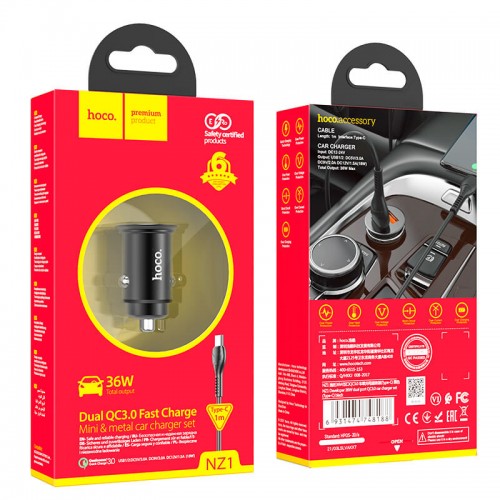 Адаптер автомобильный HOCO Type-C Cable Developer dual port car charger set NZ1 |2USB, 3A, 36W, QC|