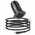 Адаптер автомобільний Hoco Lightning Cable Wise road dual port Car charger set NZ4 |2USB, 4.8A| black