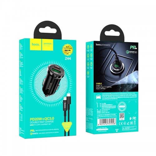 Адаптер автомобільний Hoco Type-C to Lightning Cable Leading car charger Z44 |2USB, 3A, 20W, QC/PD| black