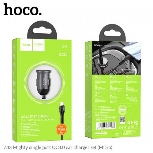 Адаптер автомобільний Hoco Micro USB Cable Mighty single port Car charger Z43 |1USB, 3A, QC, 18W| grey