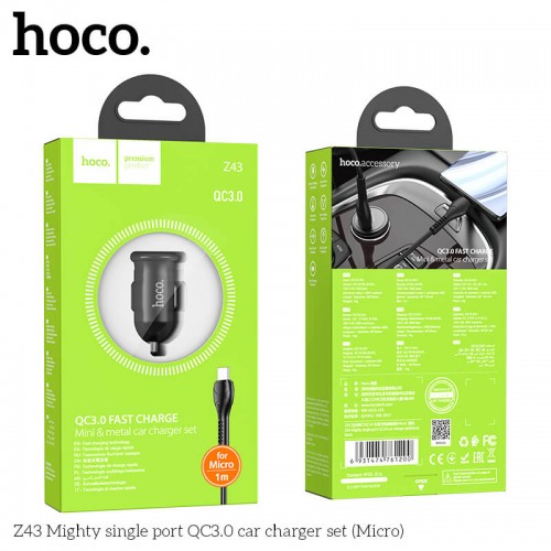 Адаптер автомобільний Hoco Micro USB Cable Mighty single port Car charger Z43 |1USB, 3A, QC, 18W| grey