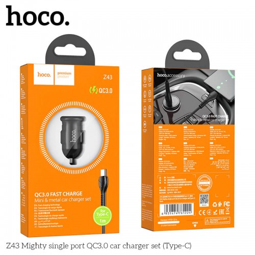 Адаптер автомобільний Hoco Type-C Cable Mighty single port Car charger Z43 |1USB, 3A, QC, 18W| black