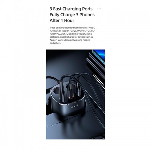 Адаптер автомобільний USAMS Dual Cigarette Lighters Digital Fast Car Charger C28 US-CC151 |2USB/1Type-C, 245W/6A, PD/QC| black