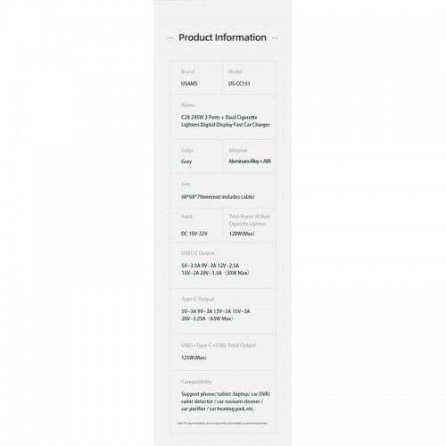 Адаптер автомобільний USAMS Dual Cigarette Lighters Digital Fast Car Charger C28 US-CC151 |2USB/1Type-C, 245W/6A, PD/QC| black