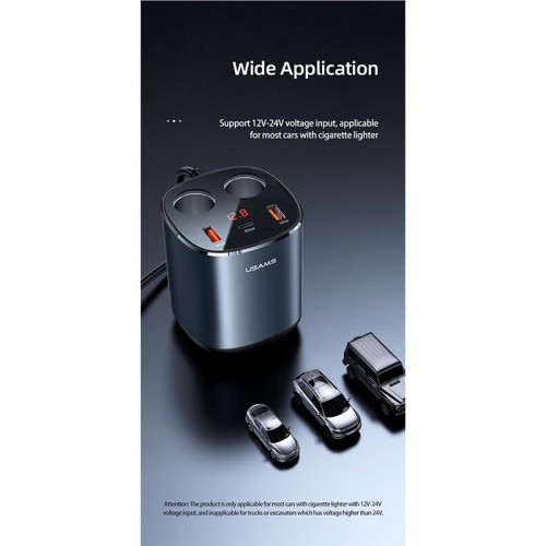 Адаптер автомобільний USAMS Dual Cigarette Lighters Digital Fast Car Charger C28 US-CC151 |2USB/1Type-C, 245W/6A, PD/QC| black