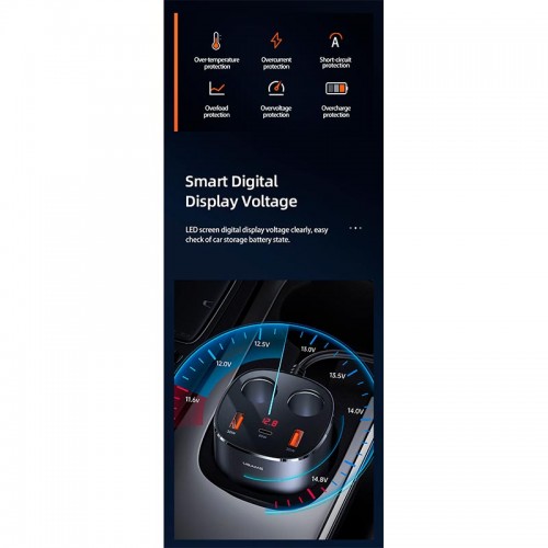 Адаптер автомобільний USAMS Dual Cigarette Lighters Digital Fast Car Charger C28 US-CC151 |2USB/1Type-C, 245W/6A, PD/QC| black