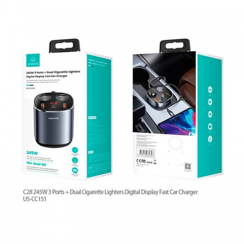 Адаптер автомобільний USAMS Dual Cigarette Lighters Digital Fast Car Charger C28 US-CC151 |2USB/1Type-C, 245W/6A, PD/QC| black