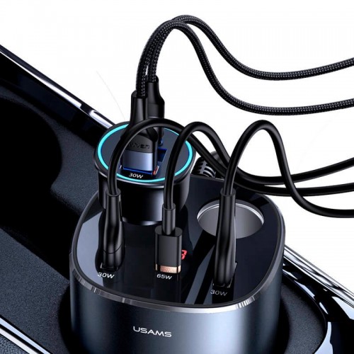Адаптер автомобільний USAMS Dual Cigarette Lighters Digital Fast Car Charger C28 US-CC151 |2USB/1Type-C, 245W/6A, PD/QC| black