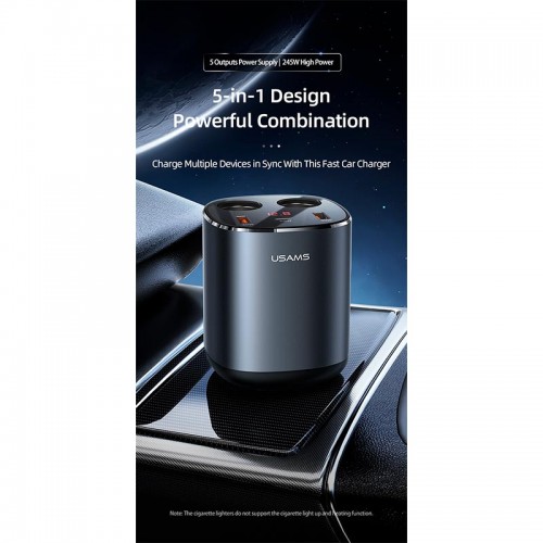 Адаптер автомобільний USAMS Dual Cigarette Lighters Digital Fast Car Charger C28 US-CC151 |2USB/1Type-C, 245W/6A, PD/QC| black