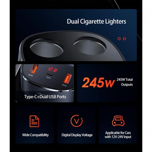 Адаптер автомобільний USAMS Dual Cigarette Lighters Digital Fast Car Charger C28 US-CC151 |2USB/1Type-C, 245W/6A, PD/QC| black