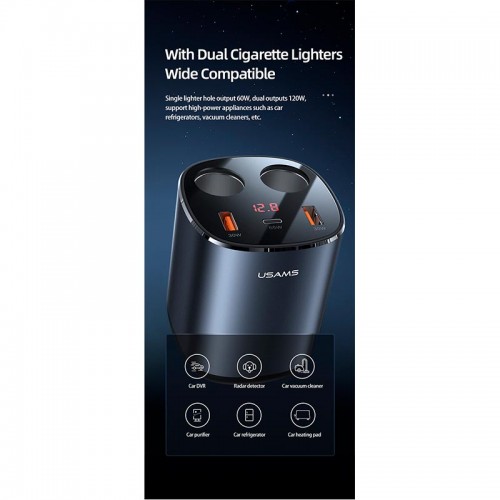 Адаптер автомобільний USAMS Dual Cigarette Lighters Digital Fast Car Charger C28 US-CC151 |2USB/1Type-C, 245W/6A, PD/QC| black