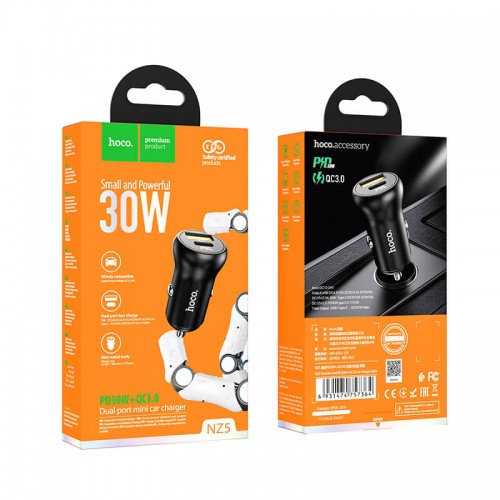 Адаптер автомобільний HOCO Smooth road car charger NZ5 |1USB/1Type-C, 30W/3A, PD/QC| black