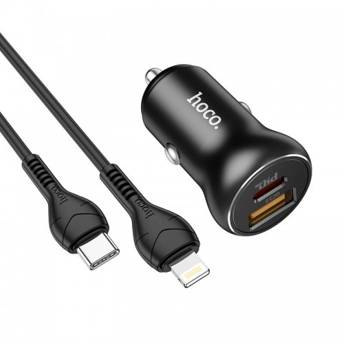 Адаптер автомобільний Hoco Type-C to Lightning Cable Smooth road car charger NZ5 |1USB/1Type-C, 30W/3A, PD/QC| black
