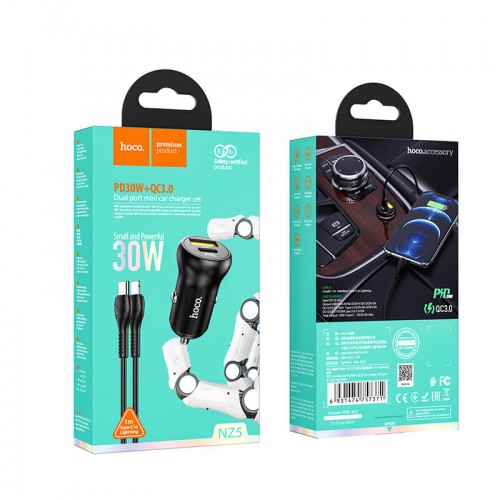 Адаптер автомобільний Hoco Type-C to Lightning Cable Smooth road car charger NZ5 |1USB/1Type-C, 30W/3A, PD/QC| black