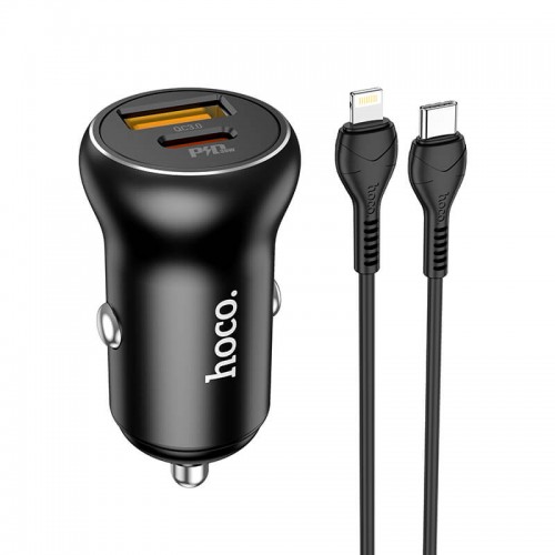 Адаптер автомобільний Hoco Type-C to Lightning Cable Smooth road car charger NZ5 |1USB/1Type-C, 30W/3A, PD/QC| black