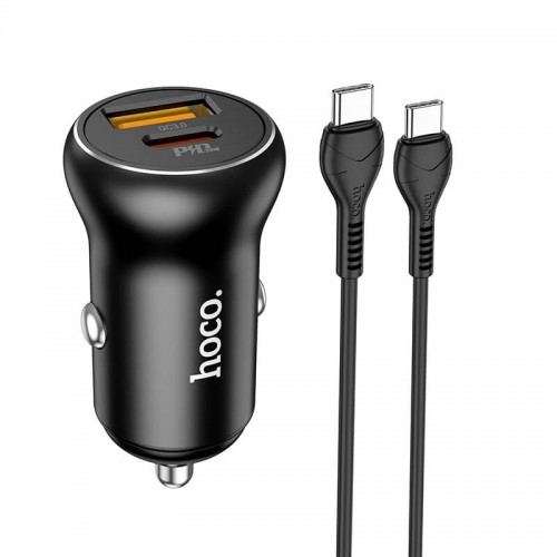 Адаптер автомобільний Hoco Type-C to Type-C Cable Smooth road car charger NZ5 |1USB/1Type-C, 30W/3A, PD/QC| black