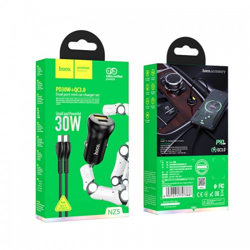 Адаптер автомобільний Hoco Type-C to Type-C Cable Smooth road car charger NZ5 |1USB/1Type-C, 30W/3A, PD/QC| black